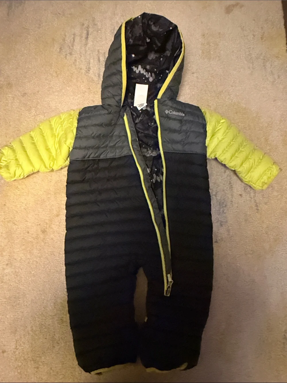 Columbia Infant Hooded Puffer One-Piece Snowsuit in Black, Gray & Neon Green